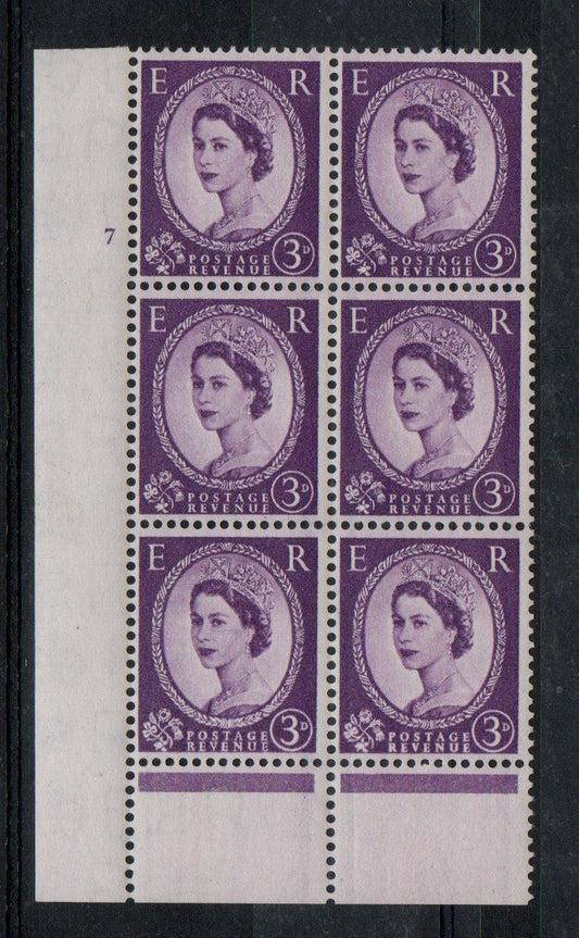 GB 1957 SG566 3d Graphite Lined in Cyl Cylinder 7 no dot Block of 6 VLMM