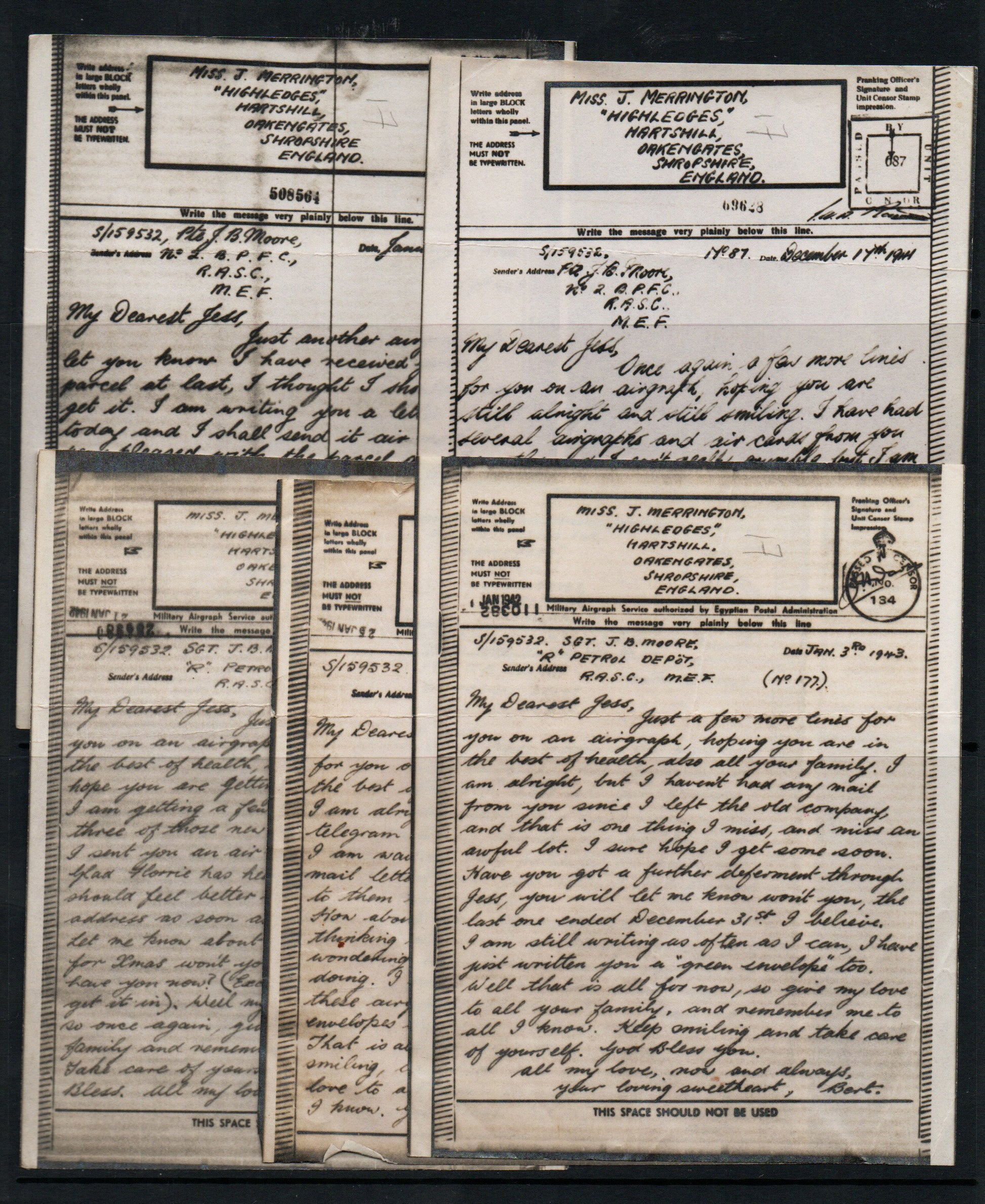 WWII Unchecked Selection of 5 RAF Airgraphs all addressed to same person