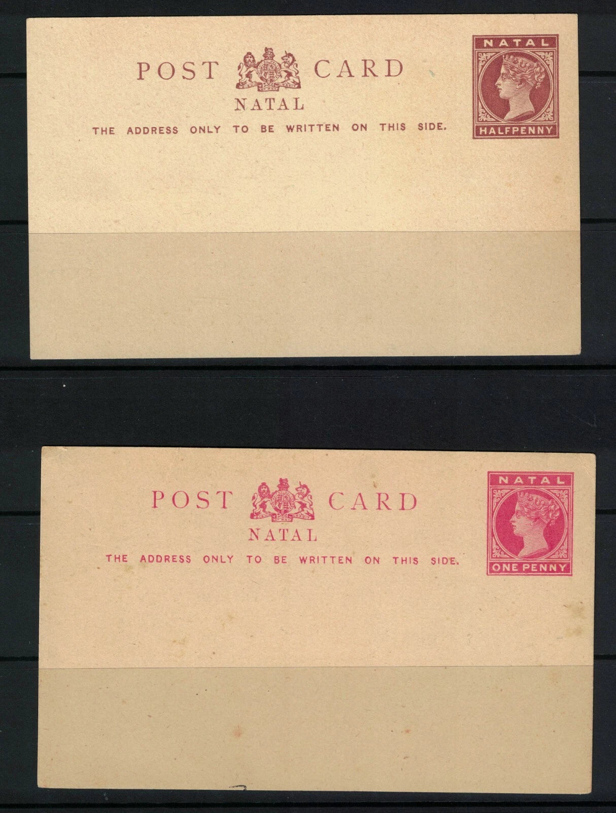 1885 QV Natal Postcard x 2 Almost Mint Condition, foxing on rear of 1d 