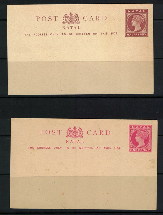 1885 QV Natal Postcard x 2 Almost Mint Condition, foxing on rear of 1d 