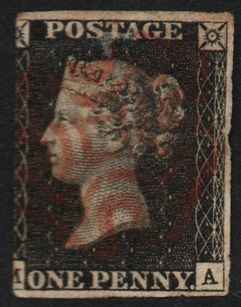 GB QV 1d Black  SG2, Plate 6 M-A 3 Good Margins. Red Maltese Cross