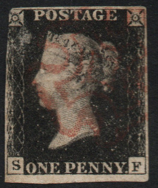 GB QV 1d Black &nbsp;SG2, Plate 5, S-F, 3½ Margins. Red Maltese Cross