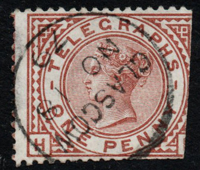GB Victoria - 1876 Telegraph stamp SG T2 - 1d . Plate 1. Good Glasgow CDS. Trimmed at right
