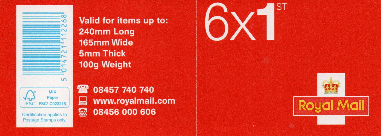 GB 2012 Barcode Booklet SG MB12   6 x 1st Class  S/A Mint (IJ10)