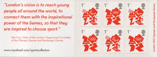 GB 2012 Barcode Booklet MB9 6 x 1st Class Olympics S/A U/M MNH (IJ5)