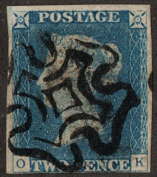GB QV 1840 2d Blue SG4 Plate 1 (O-K) 4 Margins, tight at bottom. Full Black Maltese Cross