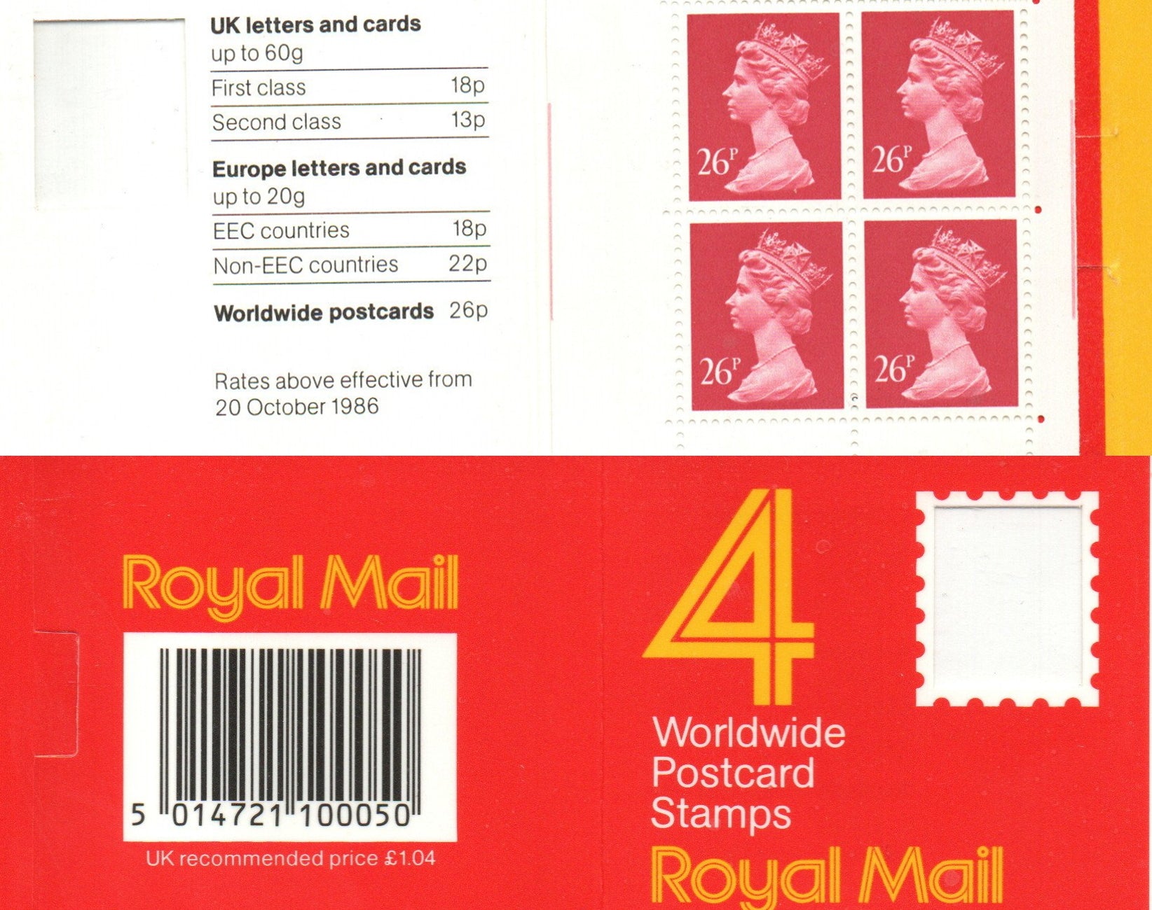 GB 1987 Booklet 4 x 26p (Worldwide at the time) GE1 Square Tab Code I Mint Condition