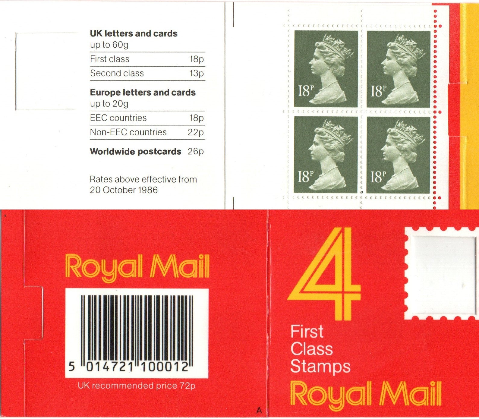 GB 1987 Booklet 4 x 18p (First Class at the time) GC1 Square Tab Code A Mint Condition