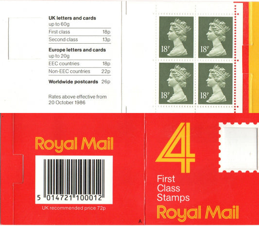 GB 1987 Booklet 4 x 18p (First Class at the time) GC1 Square Tab Code A Mint Condition