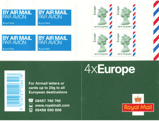 GB 2010 Booklet 4 x Europe Up to 20g &nbsp;MI3 S/A No Tab No Code Mint Condition