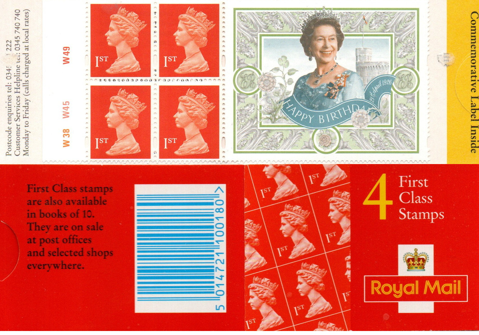 GB 4 x 1st CLASS Queens Birthday Booklet HB11 CYLINDER W38 W45 W49