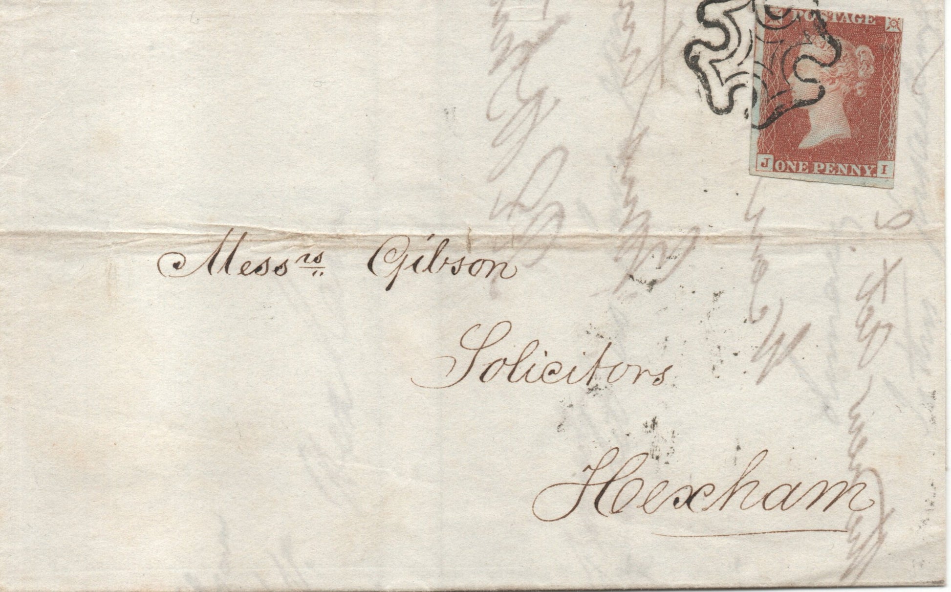GB QV 1842 1d Red SG8 BS14 Plate 25 on Cover bearing York & Newcastle Backstamps 