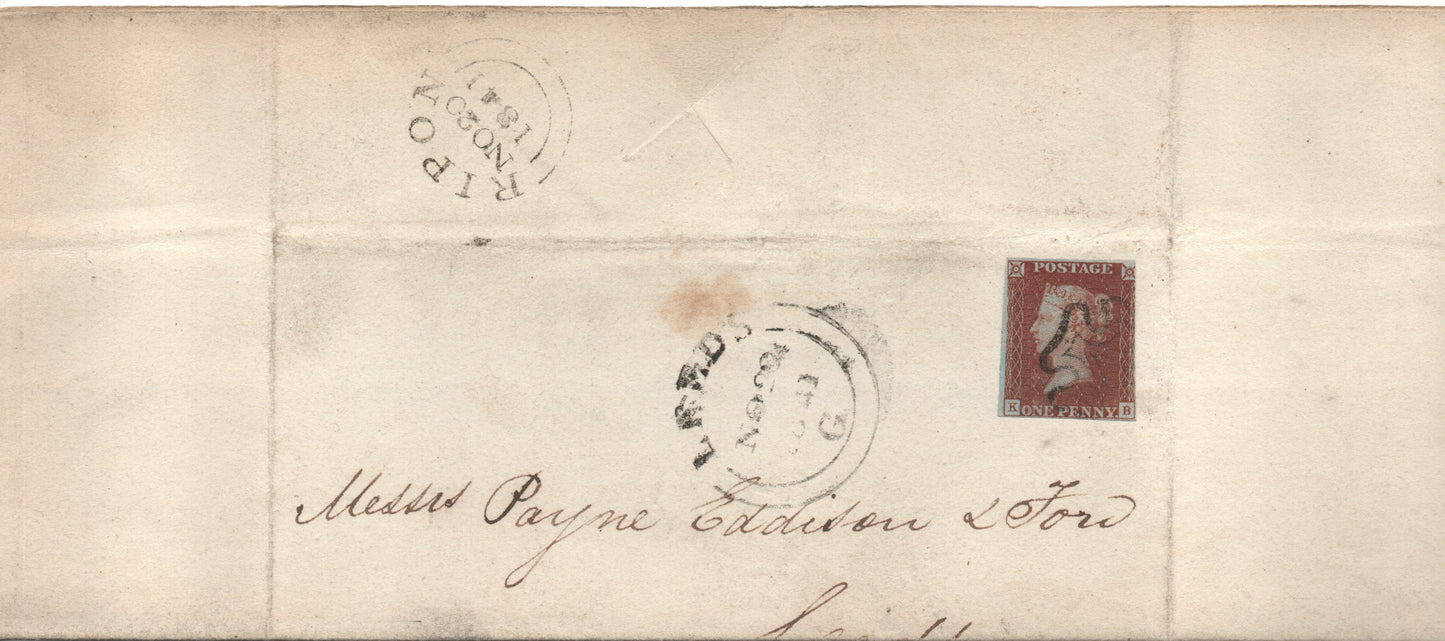 GB QV 1841 1d Red SG8 BS4 (K-B) Plate 15 on Cover bearing Ripon &amp; Leeds Handstamps