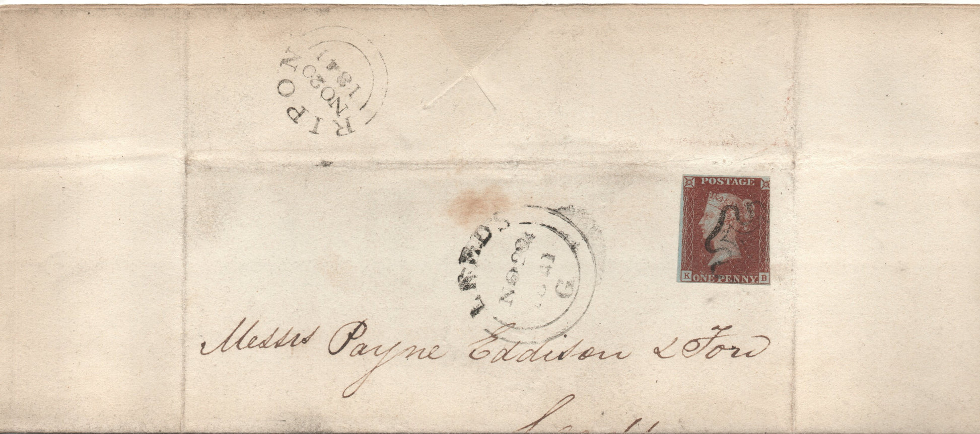 GB QV 1841 1d Red SG8 BS4 (K-B) Plate 15 on Cover bearing Ripon &amp; Leeds Handstamps