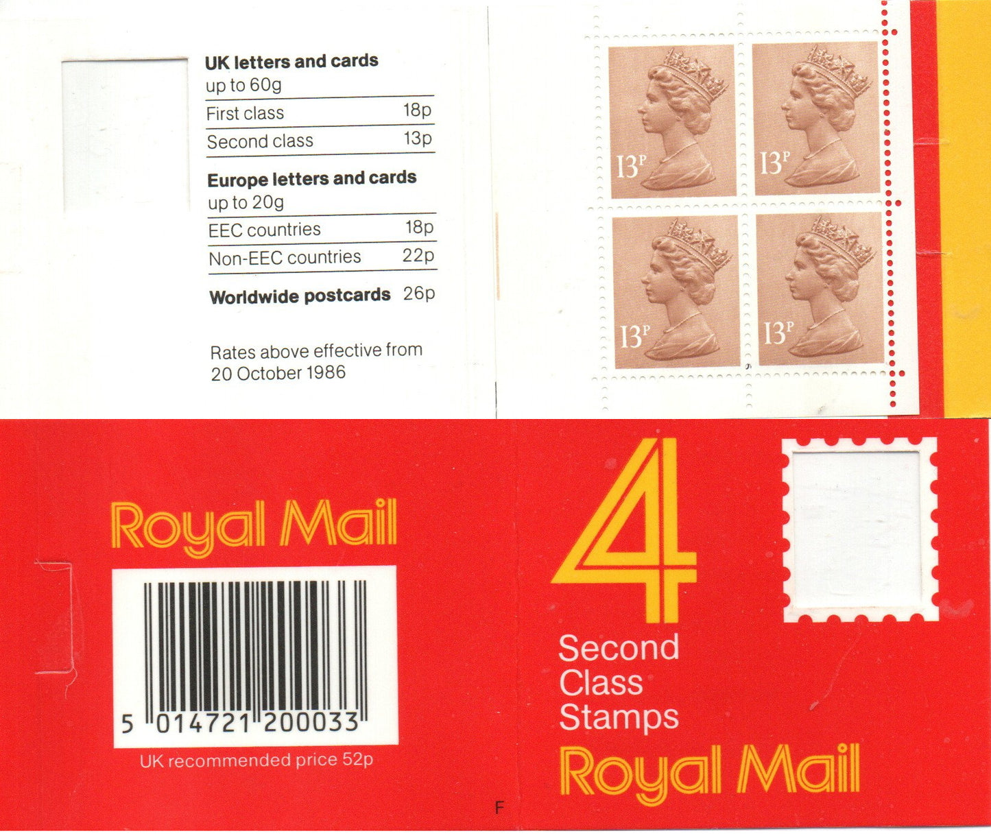 GB 1987 Booklet 4 x 13p (2nd Class at the time) GA1 Square Tab Code F Mint Condition