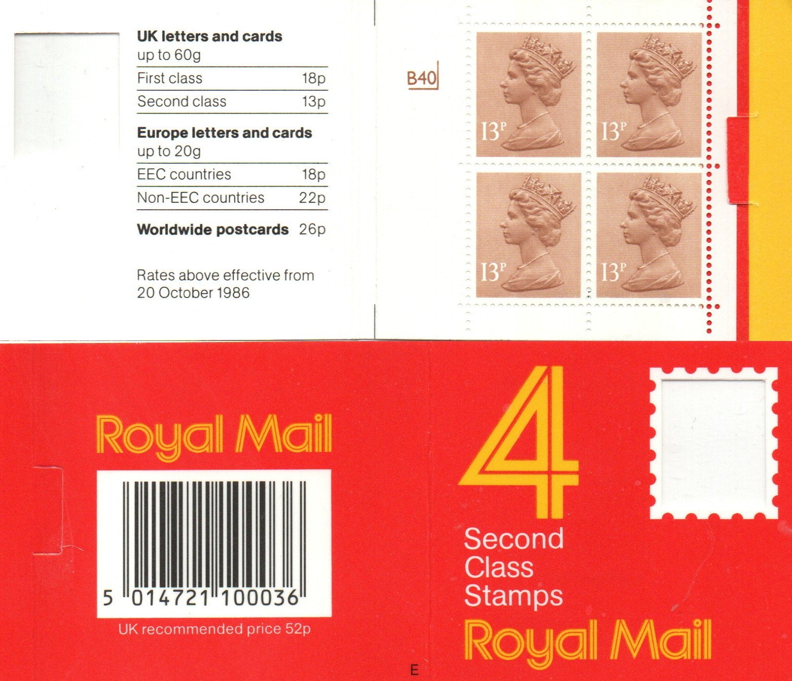 GB 1987 Booklet 4 x 13p (2nd Class at the time) GA1 Cylinder B40 Square Tab Code E Mint Condition 
