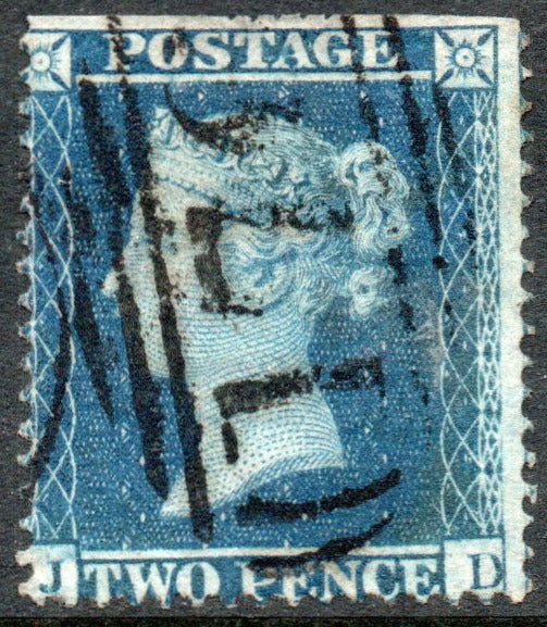 GB QV 1855 2d Blue SG27. Plate 5. Large Crown Perf 16
Top Perfs Trimmed (J - D)