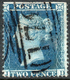 GB QV 1855 2d Blue SG27. Plate 5. Large Crown Perf 16 Top Perfs Trimmed (J - D) (LPS107)