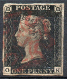 GB 1840 QV 1d Black Penny Black SG2 Plate 2 AS14 4 Close Margins Red M/C (O - K) (LPS150)