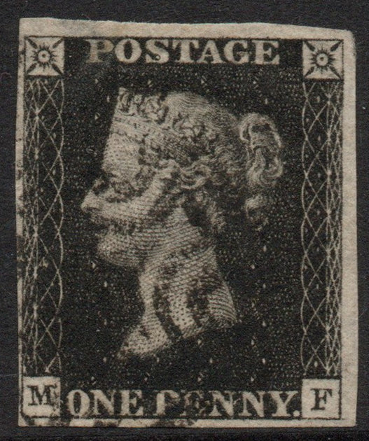 GB QV 1840 SG2 1d Penny Black Plate 8 AS49 (M - F) Black M/C 4 margins 