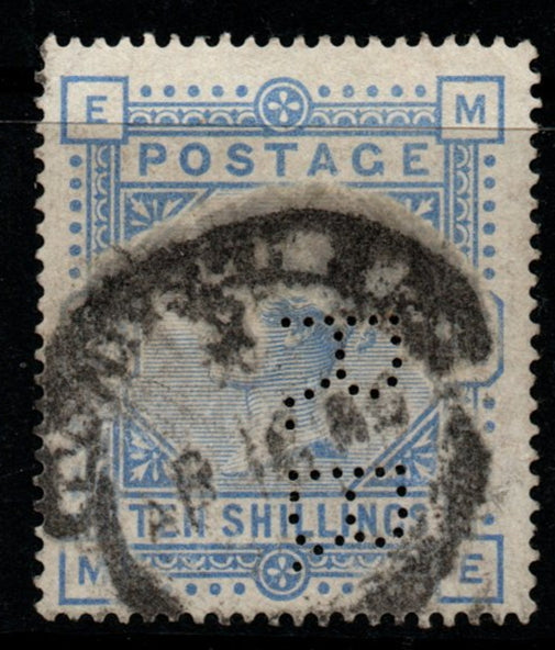 GB 1883 QV SG183 10/- 10s Ultramarine (SG 183). Perfin R.B. (see below) Parcel Cancellation (LPS171)