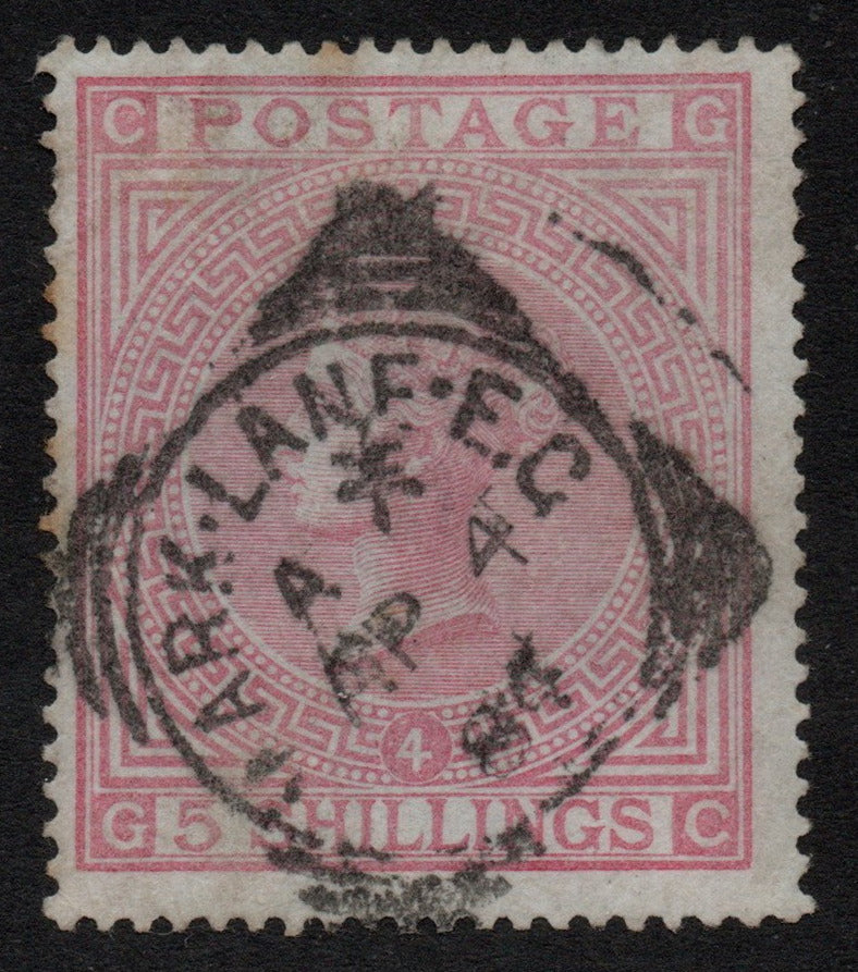1867 GB QV SG130 5/- Shilling Rose Plate 4 Blued Paper with Superb Mark Lane Squared Circle Cancellation