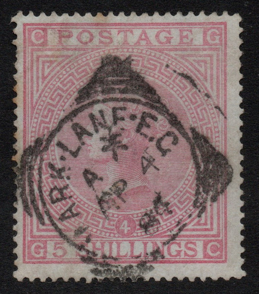 1867 GB QV SG130 5/- Shilling Rose Plate 4 Blued Paper with Superb Mark Lane Squared Circle Cancellation