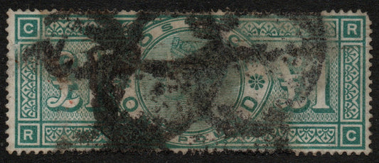 1891 GB QV SG212 £1 Green R - C Imperial Crown Wmk. Heavy Cancellation SPACEFILLER (LPS18)
