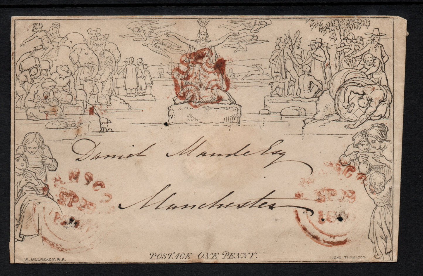 1840 GB QV 1d Mulready Envelope to Manchester. Believed to be dated 29th Sept 1840 