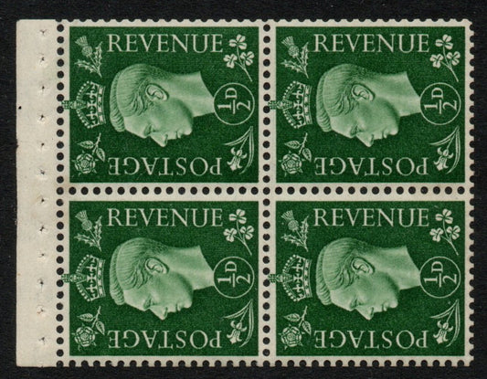 GB KGVI 1937-47 ½d Green Booklet Pane SG462ab 4 x SG462 Wmk Sideways. Unmounted Mint.