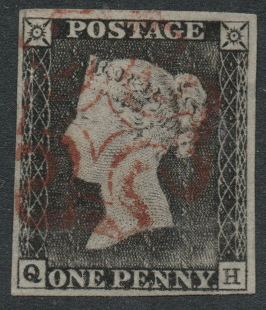 GB QV 1d Black SG3 Plate 1a AS3 (Q - H) Red M/C 4 Clear Margins 