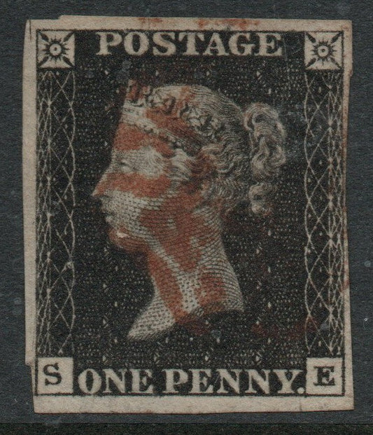 GB QV 1d Black SG2 Plate 8 State 2 AS53  (S- E) Red  M/C  Close Margins cut into SW corner