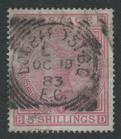 GB QV SG130 Plate 4 5/- Rose Blued Paper (B - D) Fine Lombard Street Oct 19th 1883 Strike