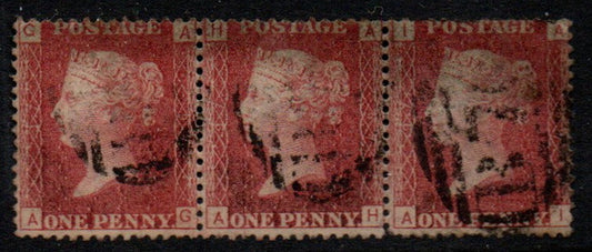 GB 1864-89 SG43/44 1d Plate 97 Strip of 3 AG-AI VGC 
