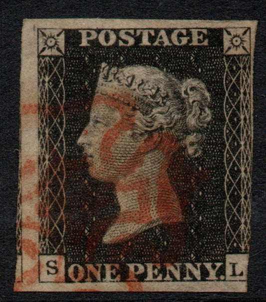 GB 1840 QV SG2 Penny Black Plate 5 AS25 State 1 (S-L) Black M/C 3 Good Margins 
