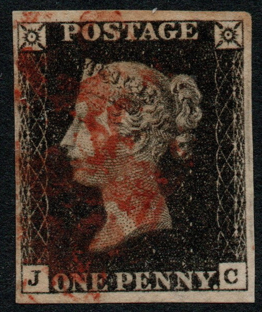 GB 1840 QV SG2 Penny Black Plate 7  (J - C)  Red M/C 4 Margins 