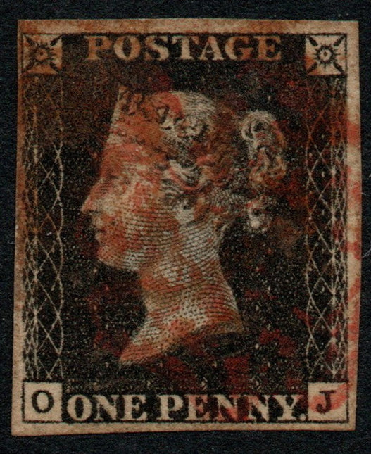 GB 1840 QV SG2 Penny Black Plate 7  (O - J)  Red M/C 3½ Margins (LPS87)