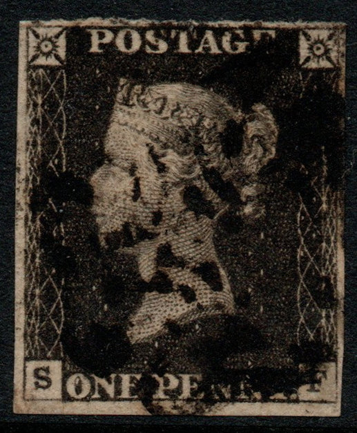 GB 1840 QV SG2 Penny Black Plate 6 (S - F) Black M/C 4 Margins 