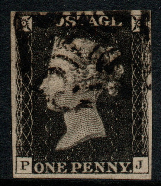 GB 1840 QV SG2 Penny Black Plate 1b (P - J) Black M/C 4  Good Margins