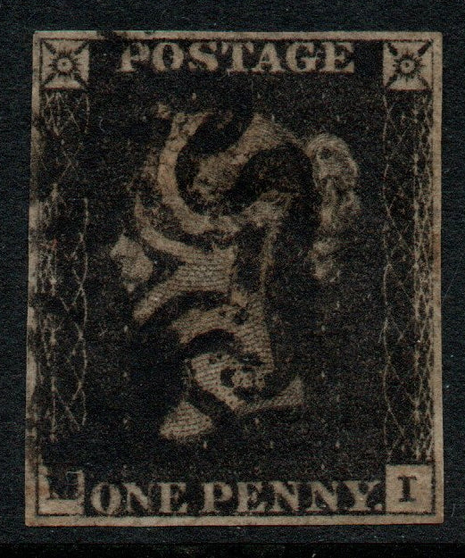 GB 1840 QV SG2 Penny Black Plate 8 (M - I) Black M/C 4 Good Margins 