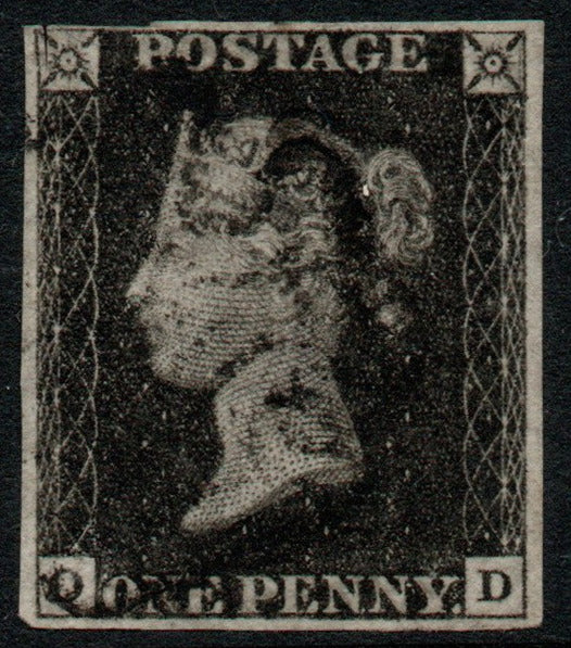 GB 1840 QV SG2 Penny Black Plate 8  ES49 Black M/C State 1 (O-D) 4 Margins 