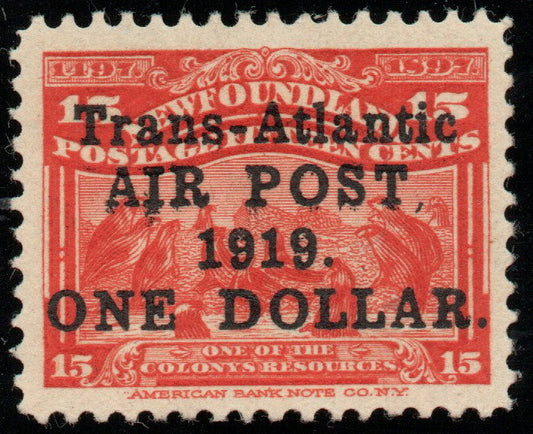Newfoundland SG143 1919 Air Post $1 ON 15c BRIGHT SCARLET VLMM