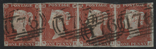 GB QV These SG8 are printed from plate 36 BS25f (the "f" is for stamp NJ because it shows J flaw (faint). Plate 36 is a very early transitional plate, that is, over 90% of stamps from this plate had Maltese cross cancels, not a numbered cancel. The 176 cancel is from Chelmsford type A.