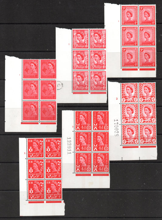 GB Regionals (Guernsey, Jersey, IOM, Wales, Scot, NI) in Cylinder Blocks of 6, 4d's SG6,11,13,W10,S10,NI9