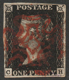 GB QV 1840 SG1 Penny Black Plate 3 C-H 4 Good Margins. Red M Cross (PM002)