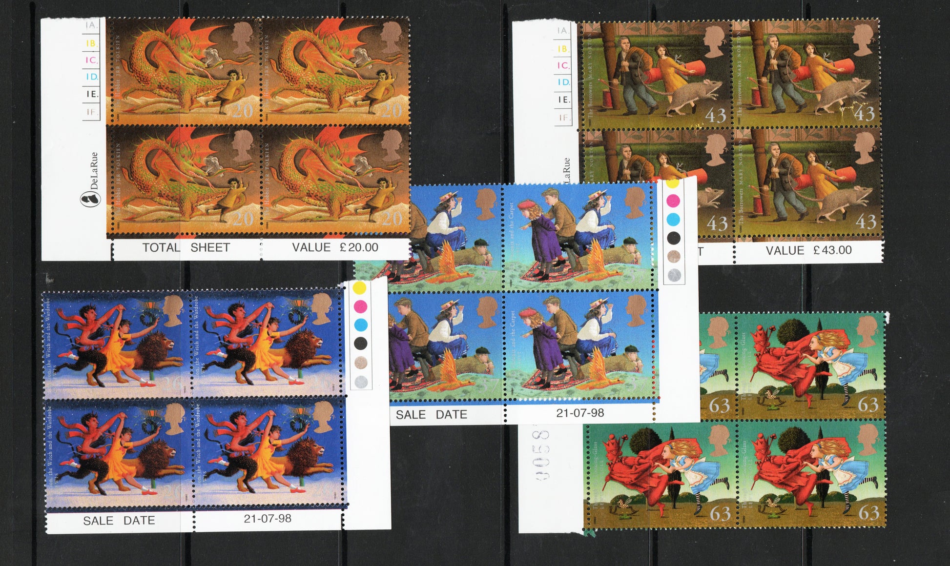 GB QEII 1998 Children's Fantasy Novels SG 2050-2054 MAGICAL WORLDS Blocks of 4 All U/M.
Less than Face Value