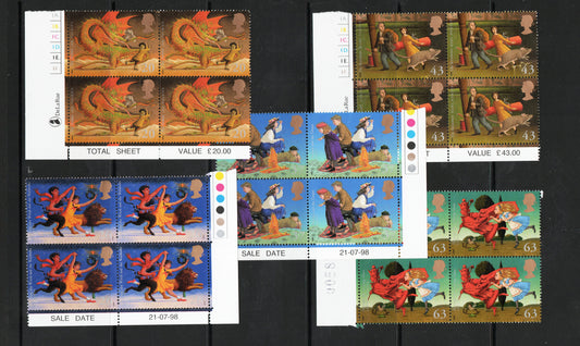 GB QEII 1998 Children's Fantasy Novels SG 2050-2054 MAGICAL WORLDS Blocks of 4 All U/M.
Less than Face Value