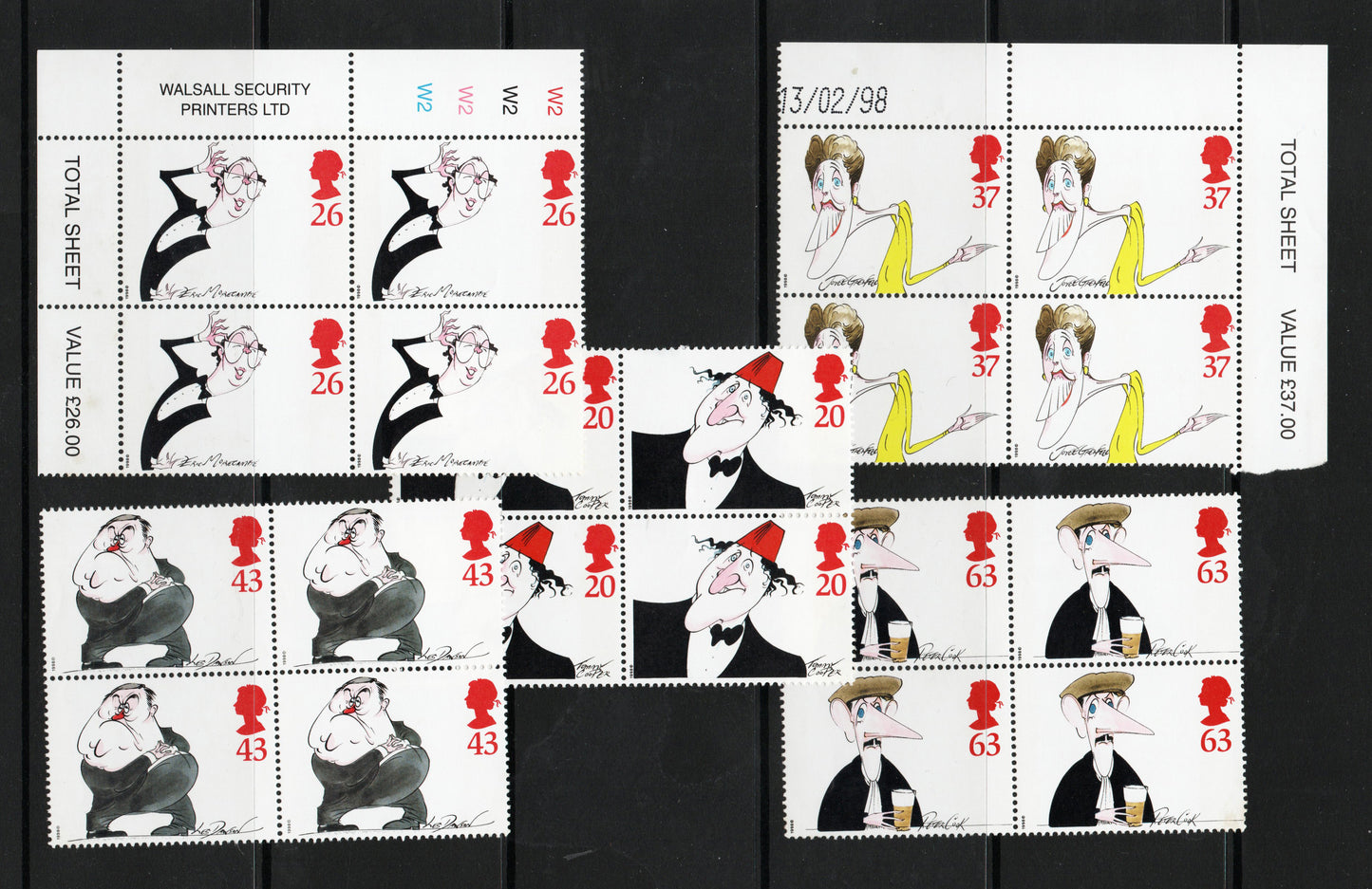 1998 GB QEII Comedians SG 2041-2045 in Blocks of 4 All Unmounted Mint. Less than Face Value