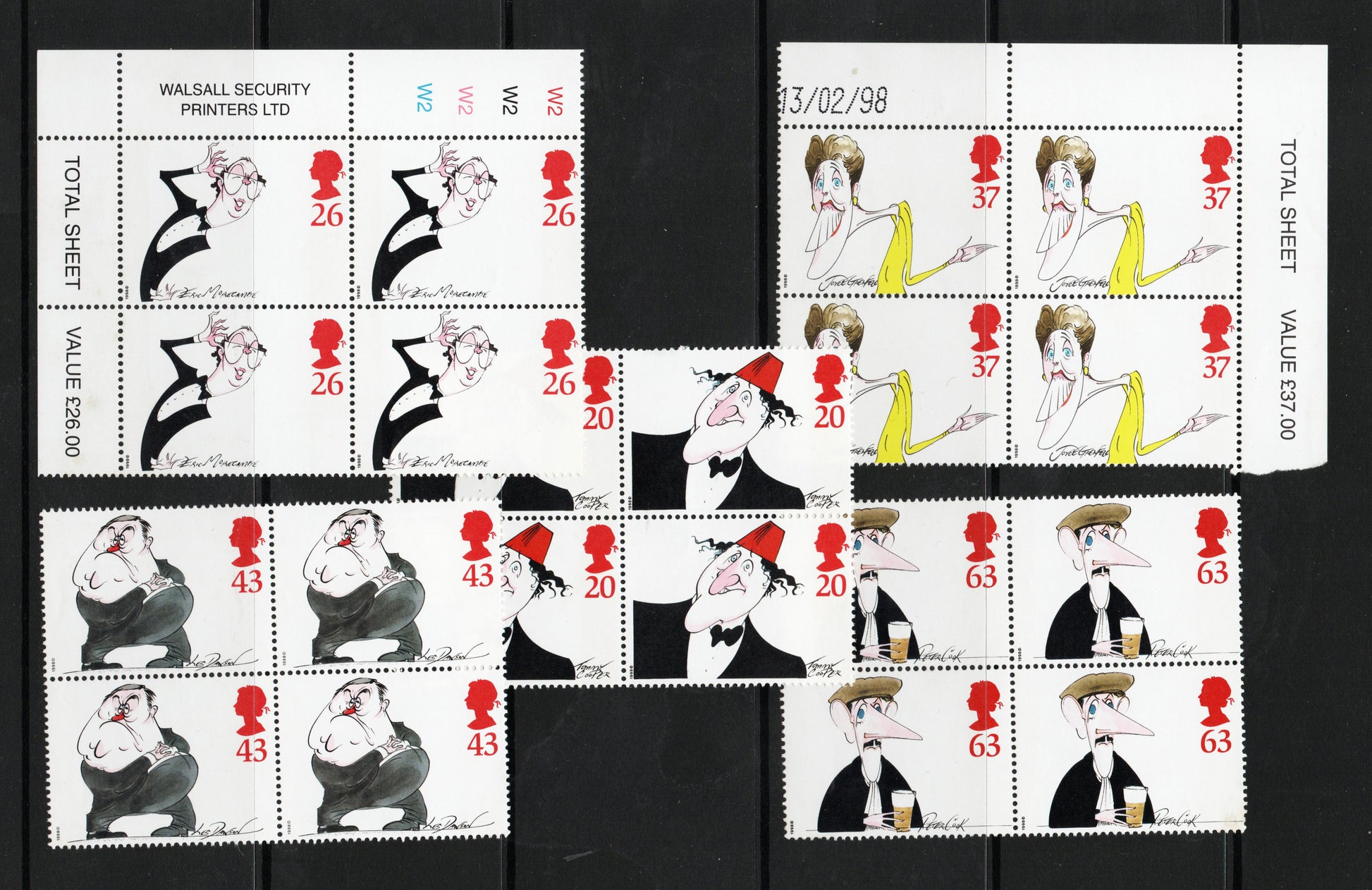 1998 GB QEII Comedians SG 2041-2045 in Blocks of 4 All Unmounted Mint. Less than Face Value