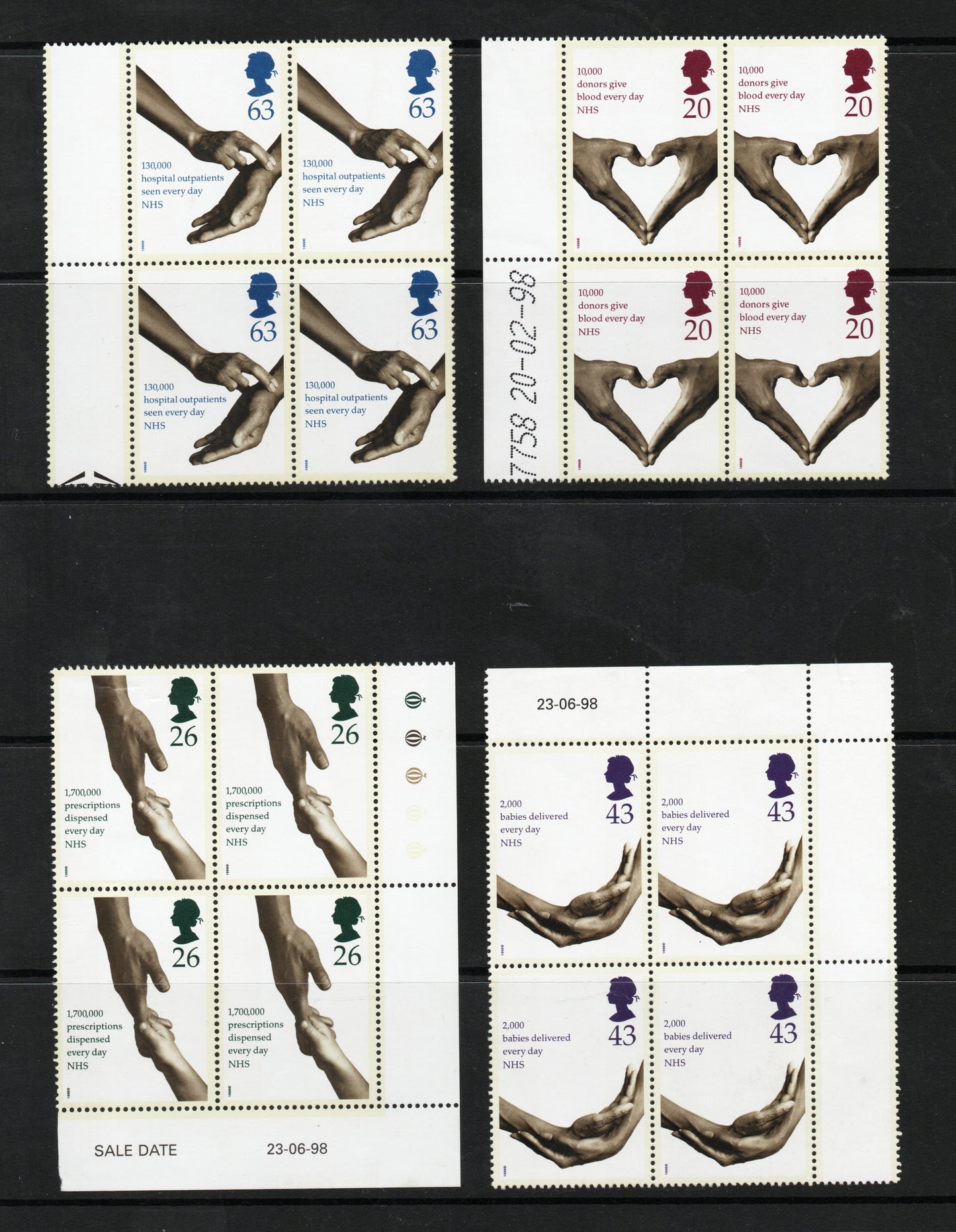 GB QEII SG2046-2049 50th ANNIVERSARY of the NATIONAL HEALTH SERVICE in Blocks of 4 U/M